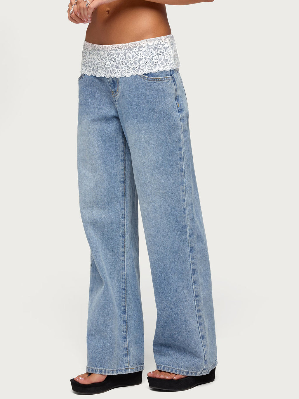Lace Waistband Low Rise Baggy Jeans - Light_Blue - 3