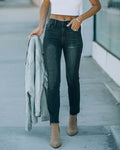 Mid Rise Slim Straight Jeans With Raw Hem - Black
