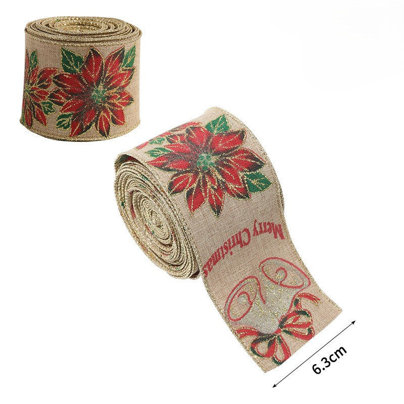 Christmas Burlap Ribbon Roll with Holiday Prints - Bell