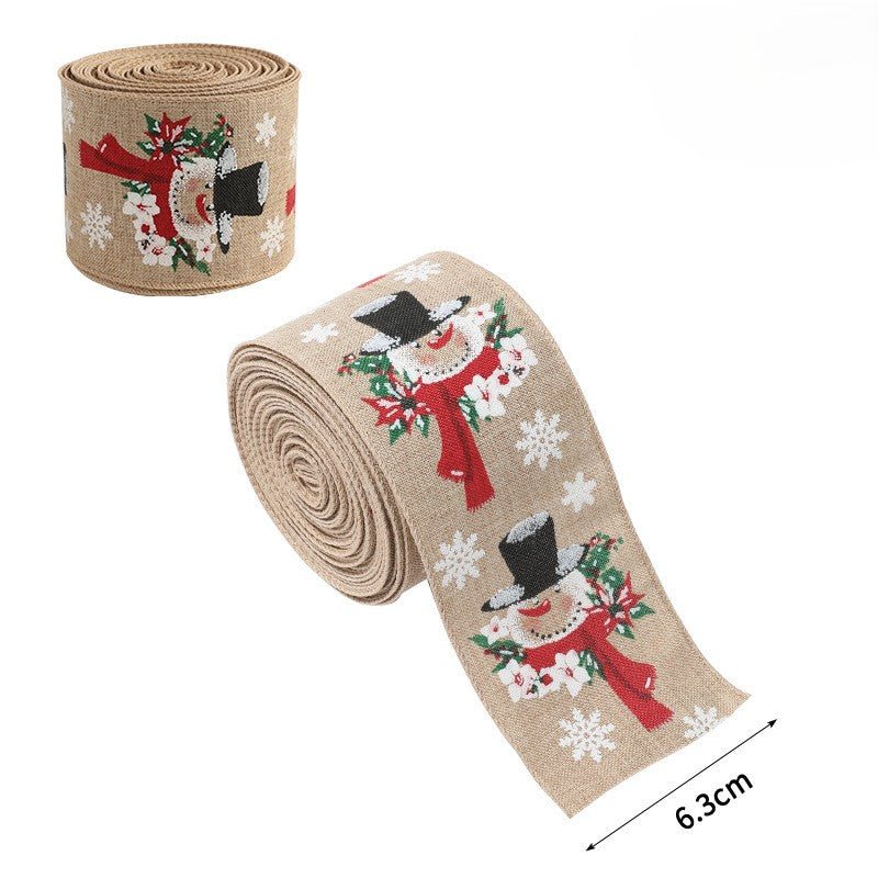Christmas Burlap Ribbon Roll with Holiday Prints - Snowman