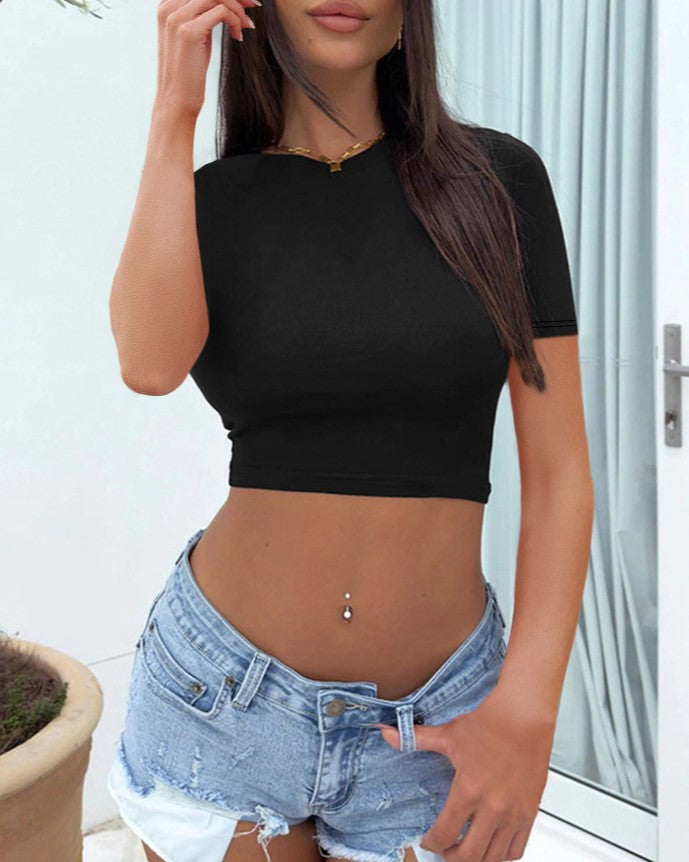 Crew Neck Slim Cropped Tee - Black_S