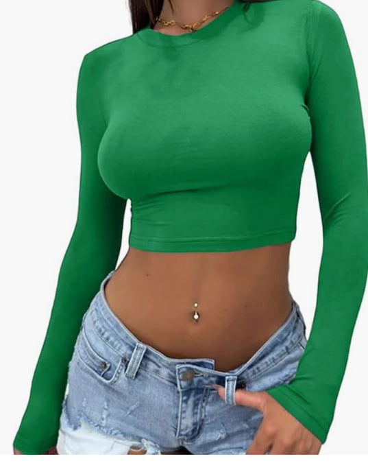 Crew Neck Slim Cropped Tee - Green_L