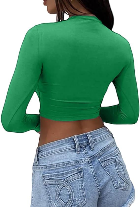 Crew Neck Slim Cropped Tee - Green_L - 1