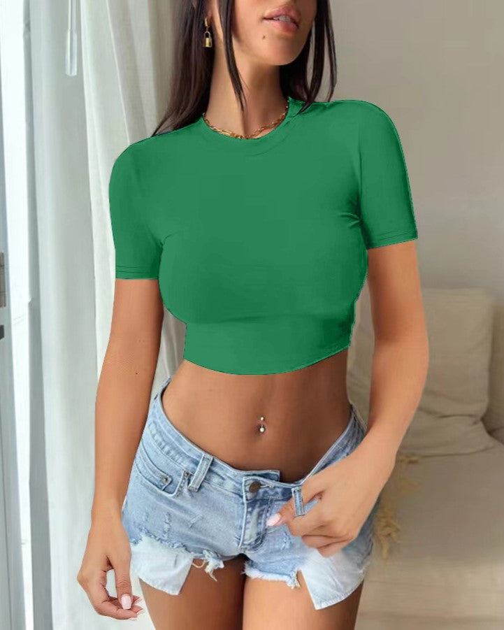 Crew Neck Slim Cropped Tee - Green_S