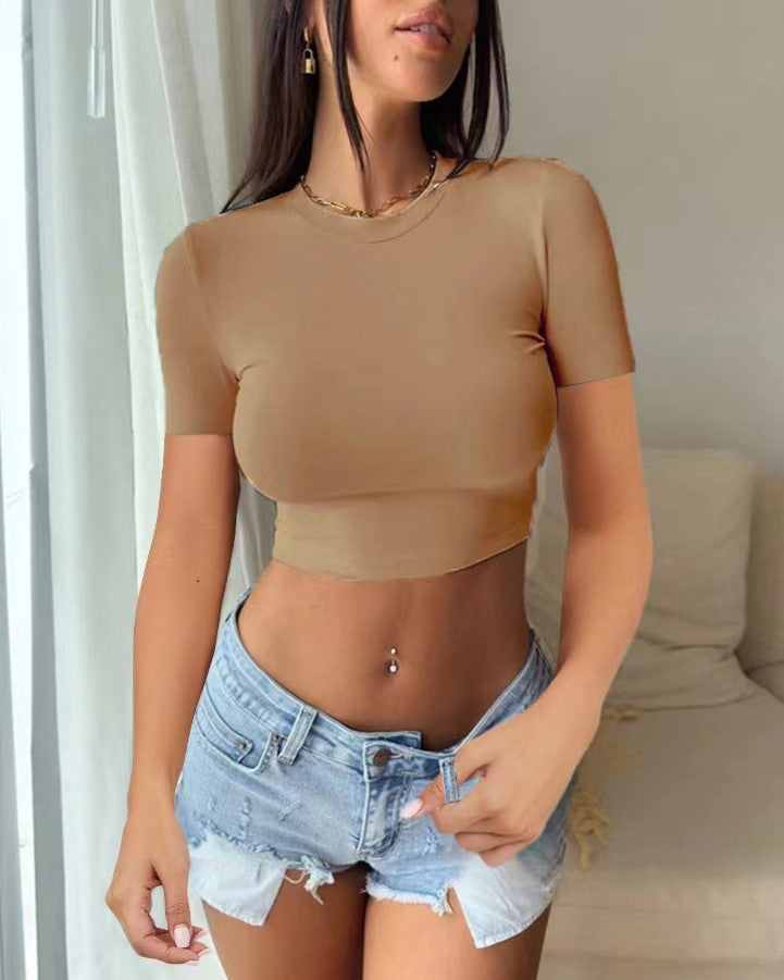 Crew Neck Slim Cropped Tee - Khaki_S