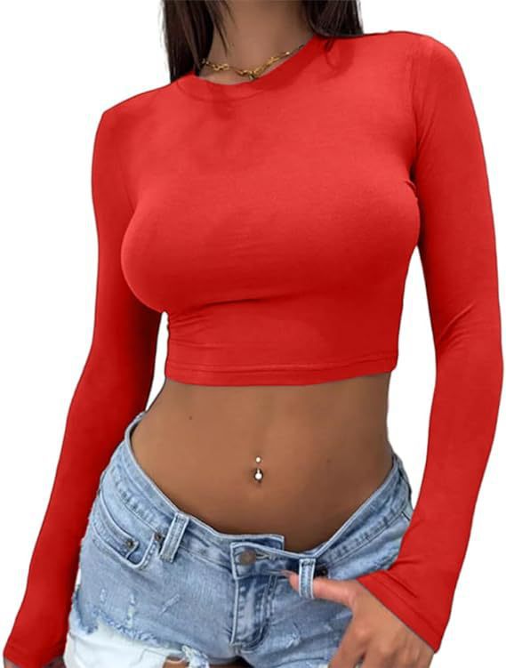 Crew Neck Slim Cropped Tee - Orange_L