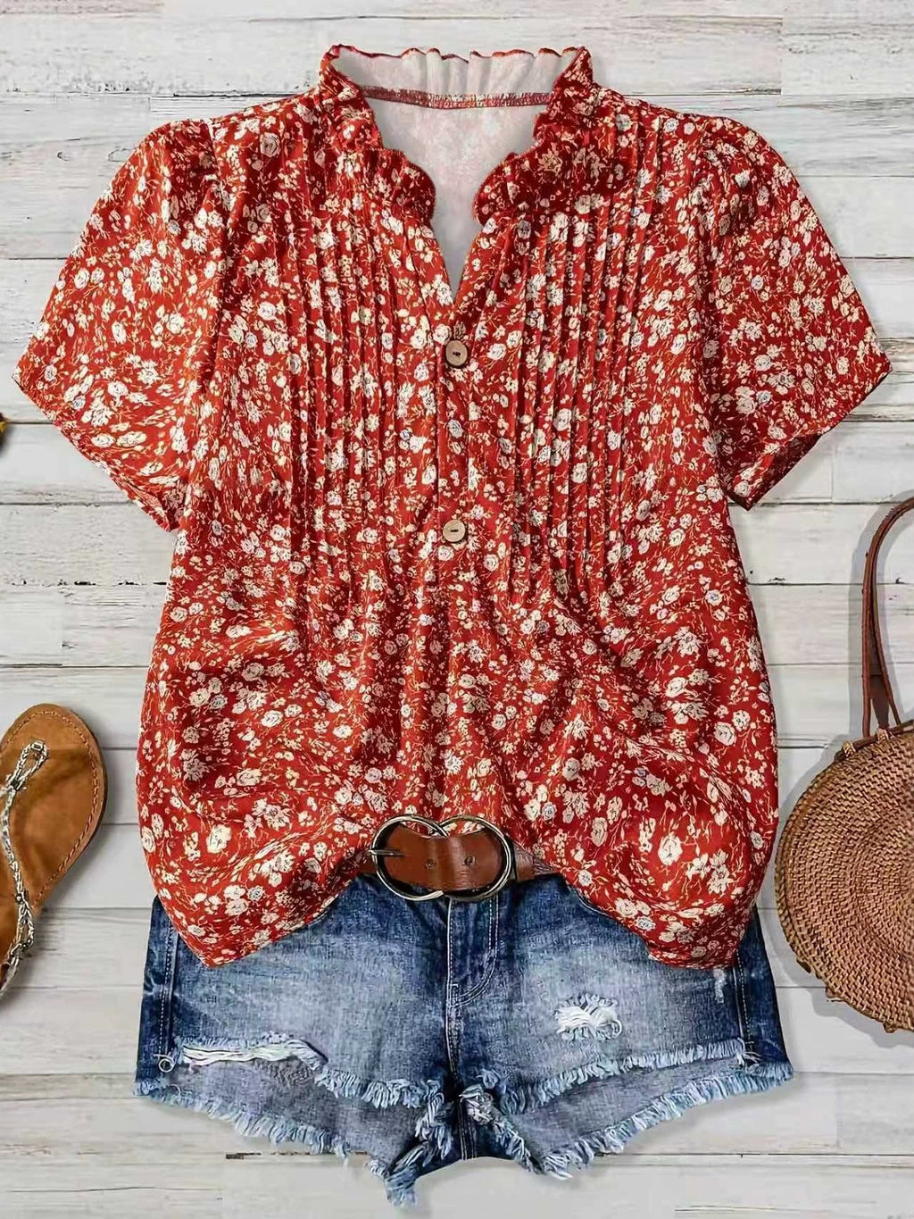 Red Floral Button Front Pleated Blouse - Red