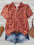 Red Floral Button Front Pleated Blouse - Red