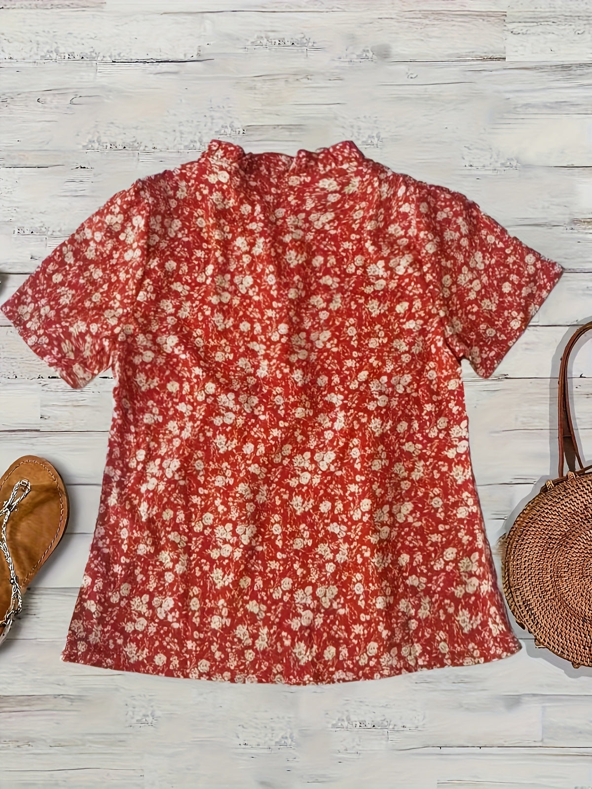 Red Floral Button Front Pleated Blouse - Red - 1