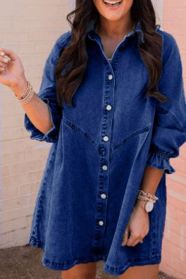 Washed Denim Button Down Shirt Mini Dress - DarkBlue
