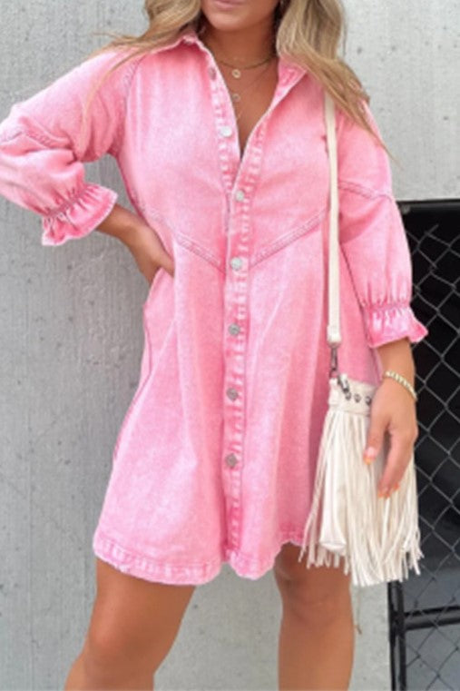 Washed Denim Button Down Shirt Mini Dress - Pink