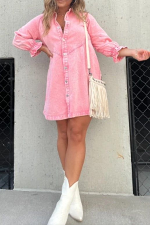 Washed Denim Button Down Shirt Mini Dress - Pink - 1
