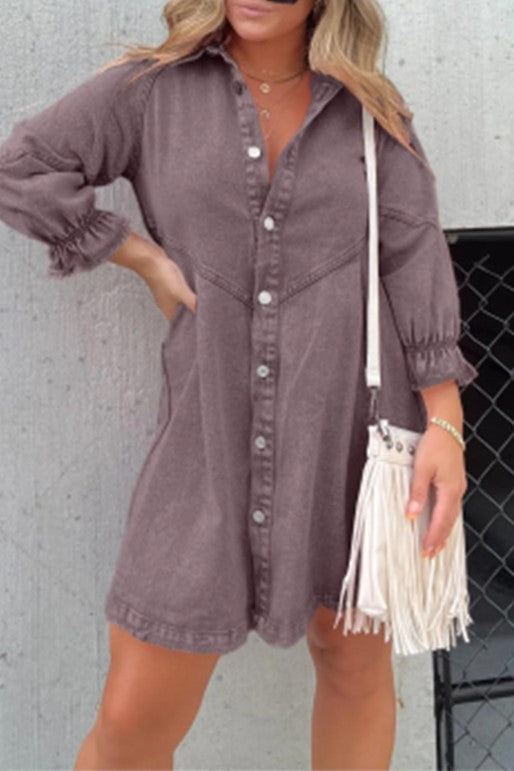 Washed Denim Button Down Shirt Mini Dress - Purple