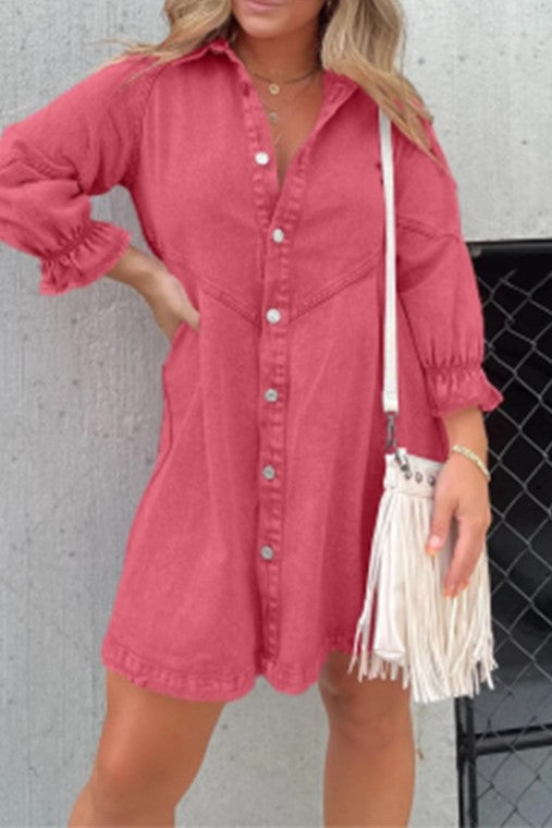 Washed Denim Button Down Shirt Mini Dress - Red