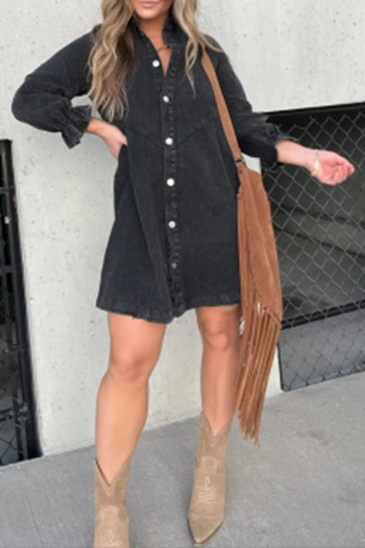 Washed Denim Button Down Shirt Mini Dress - black
