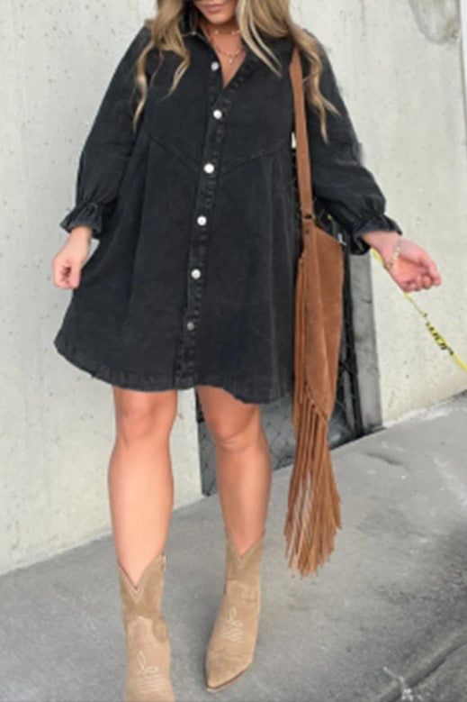 Washed Denim Button Down Shirt Mini Dress - black - 1