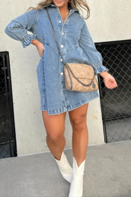 Washed Denim Button Down Shirt Mini Dress - blue - 1