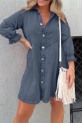Washed Denim Button Down Shirt Mini Dress - grey