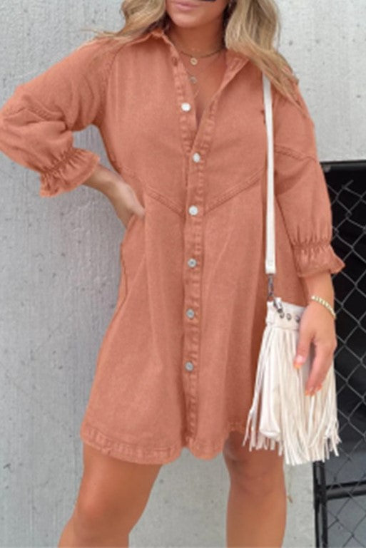 Washed Denim Button Down Shirt Mini Dress - orange