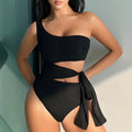 One Shoulder Cutout Tie Swimsuit - Black