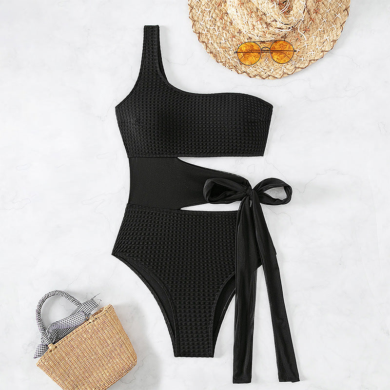One Shoulder Cutout Tie Swimsuit - Black - 3