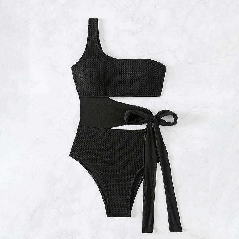 One Shoulder Cutout Tie Swimsuit - Black - 4