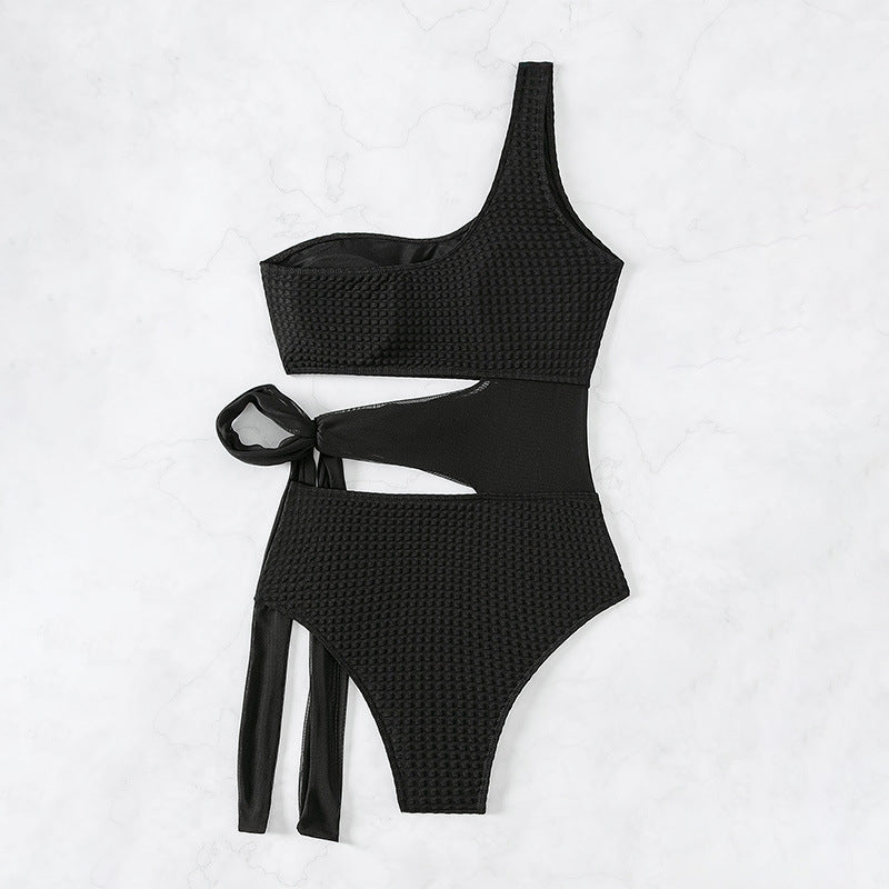 One Shoulder Cutout Tie Swimsuit - Black - 5