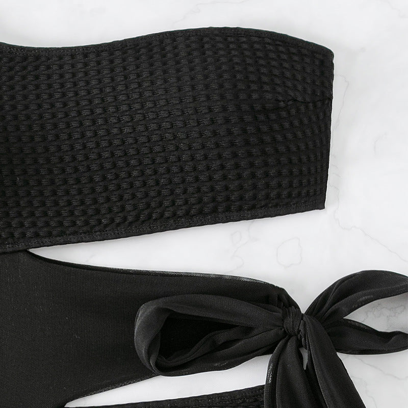 One Shoulder Cutout Tie Swimsuit - Black - 7