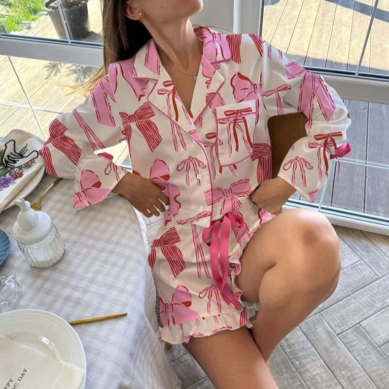 Bow Print Ruffle Trim Pajama Set - White