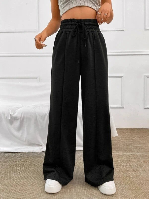 Pintuck Drawstring High Waist Wide Leg Sweatpants - Black