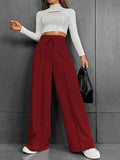 Pintuck Drawstring High Waist Wide Leg Sweatpants - Burgundy