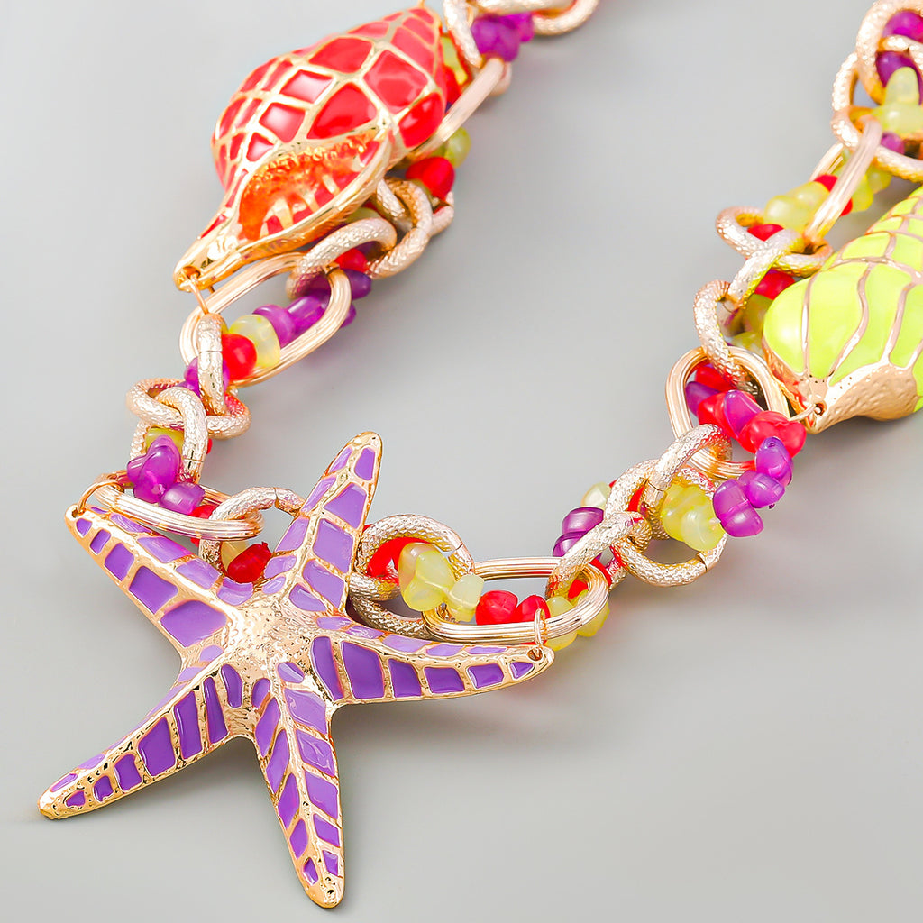 Enamel Starfish And Shell Beach Necklace - Purple - 3