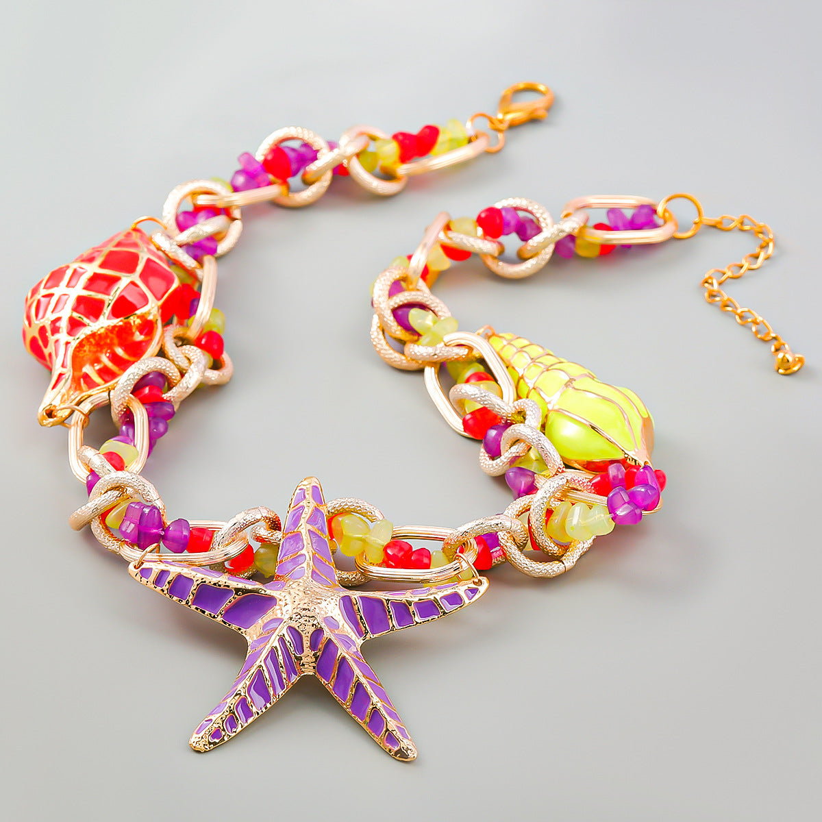 Enamel Starfish And Shell Beach Necklace - Purple - 4