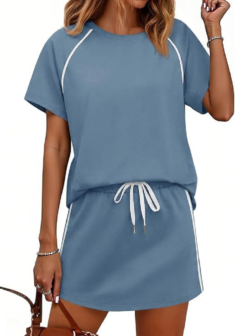 Raglan Tee and Drawstring Mini Skirt Athletic Set - Dusty Blue