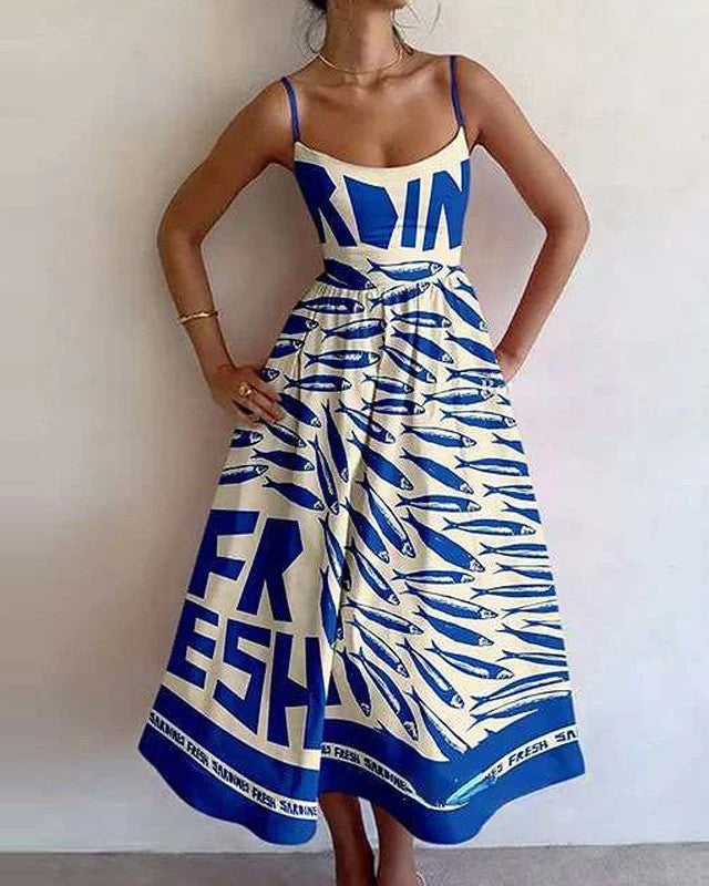 Printed Sleeveless Fit and Flare Midi Sundress - BlueLetter