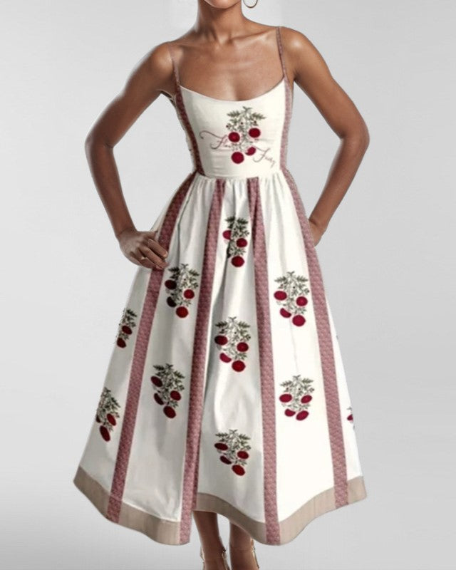 Printed Sleeveless Fit and Flare Midi Sundress - Cherry