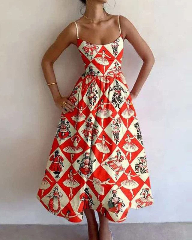 Printed Sleeveless Fit and Flare Midi Sundress - Dancer