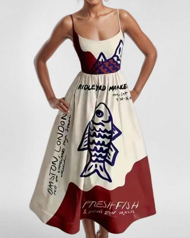 Printed Sleeveless Fit and Flare Midi Sundress - Fish