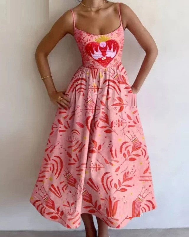 Printed Sleeveless Fit and Flare Midi Sundress - Pink