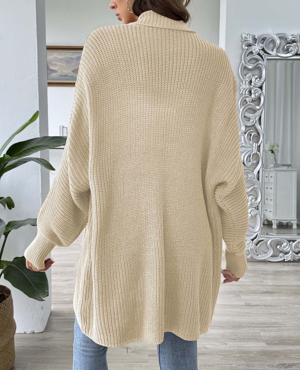 Open Front Batwing Rib Knit Cardigan - Beige - 3