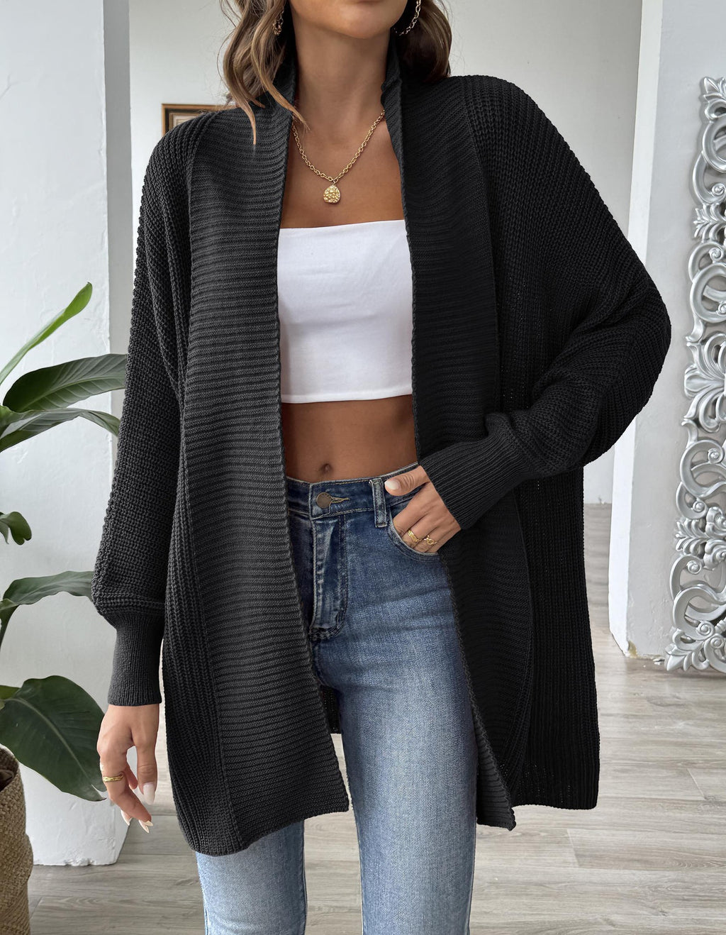 Open Front Batwing Rib Knit Cardigan - Black