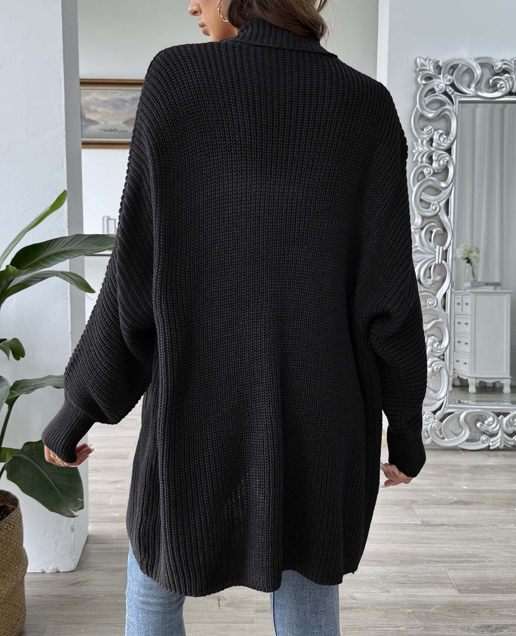 Open Front Batwing Rib Knit Cardigan - Black - 3