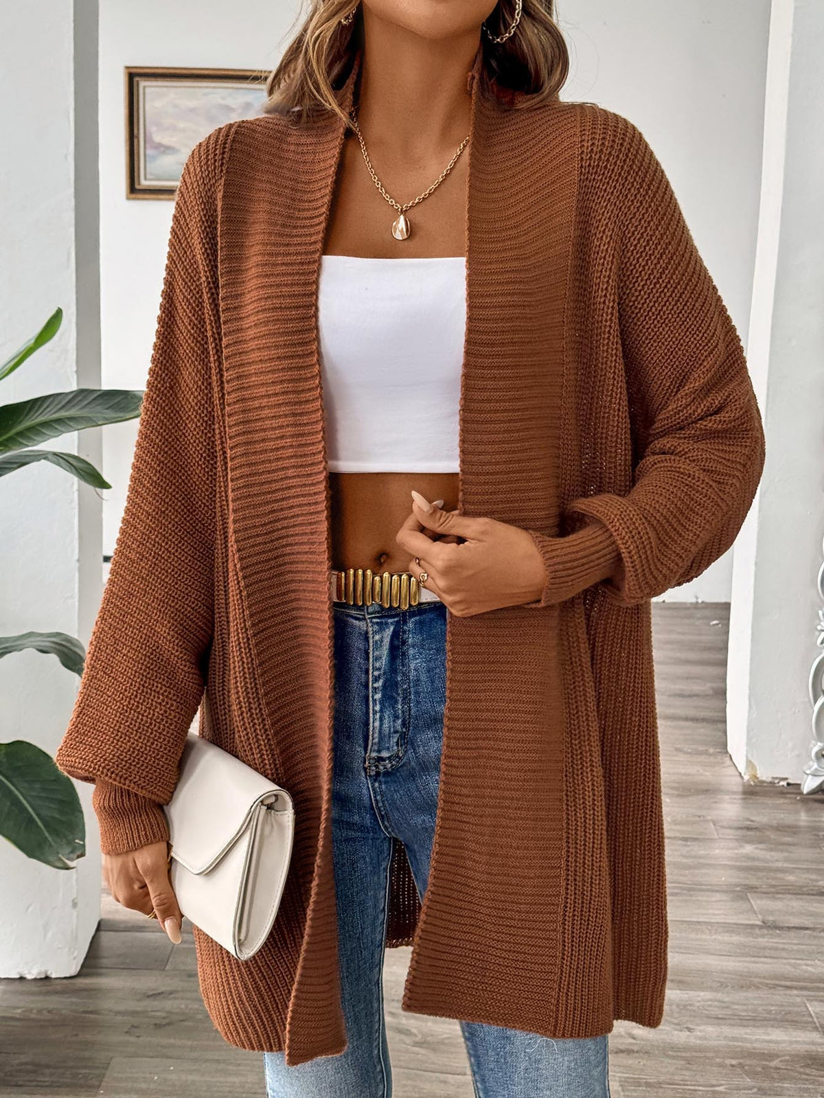Open Front Batwing Rib Knit Cardigan - Brown - 1