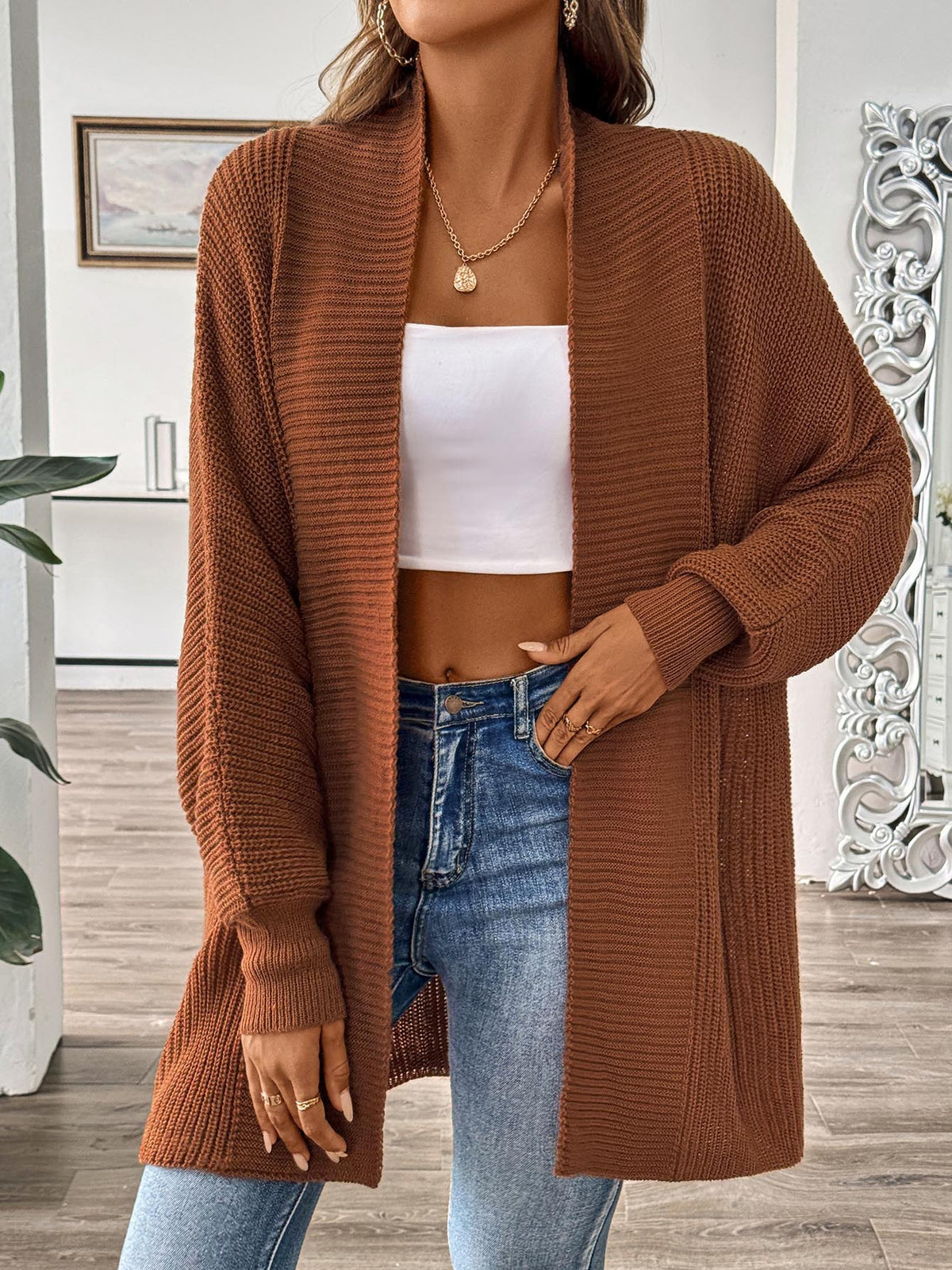 Open Front Batwing Rib Knit Cardigan - Brown - 3