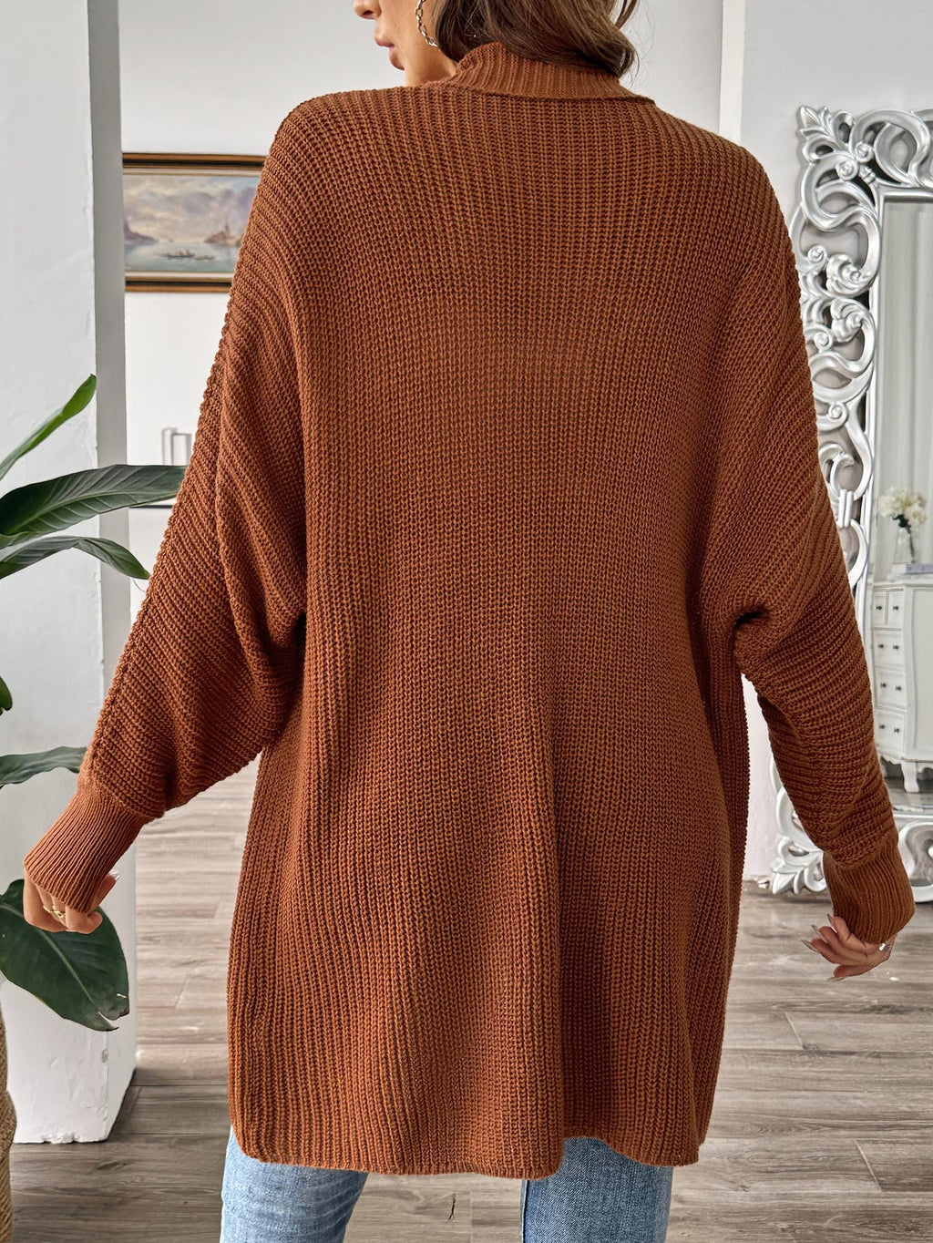 Open Front Batwing Rib Knit Cardigan - Brown - 6