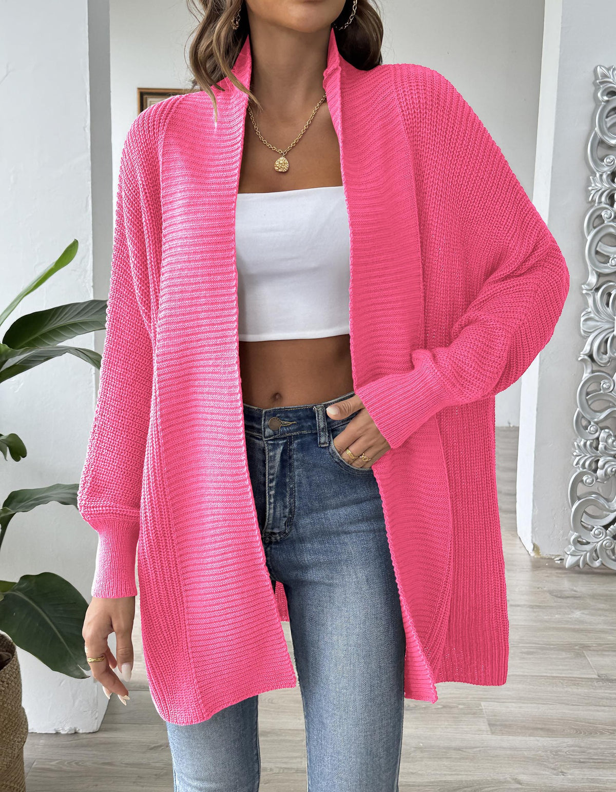 Open Front Batwing Rib Knit Cardigan - Fuchsia