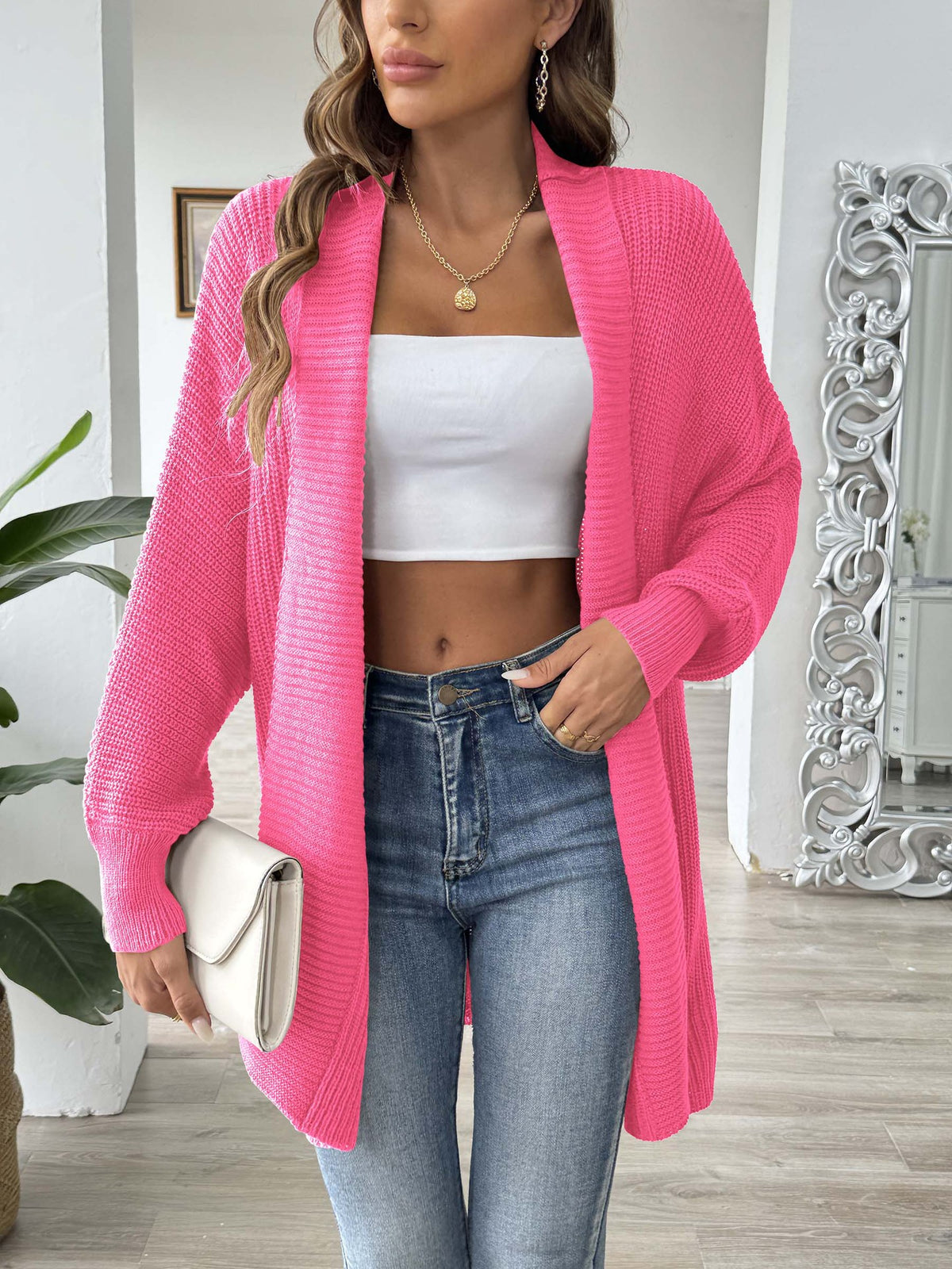 Open Front Batwing Rib Knit Cardigan - Fuchsia - 1
