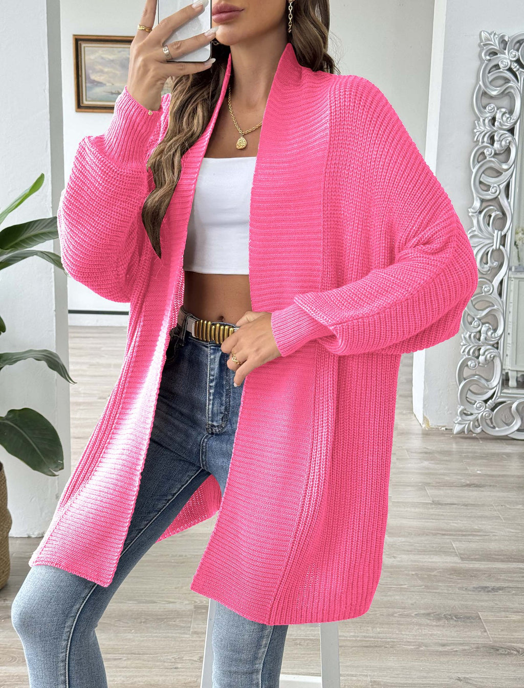 Open Front Batwing Rib Knit Cardigan - Fuchsia - 2