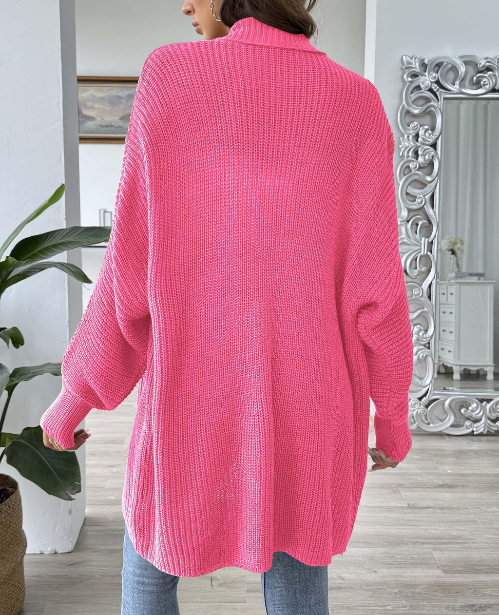 Open Front Batwing Rib Knit Cardigan - Fuchsia - 3