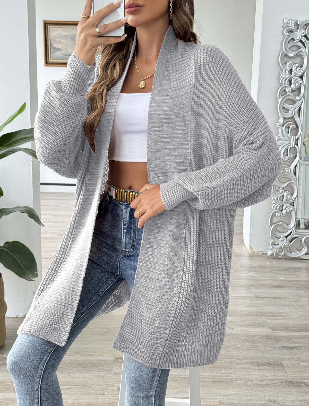 Open Front Batwing Rib Knit Cardigan - Grey - 2